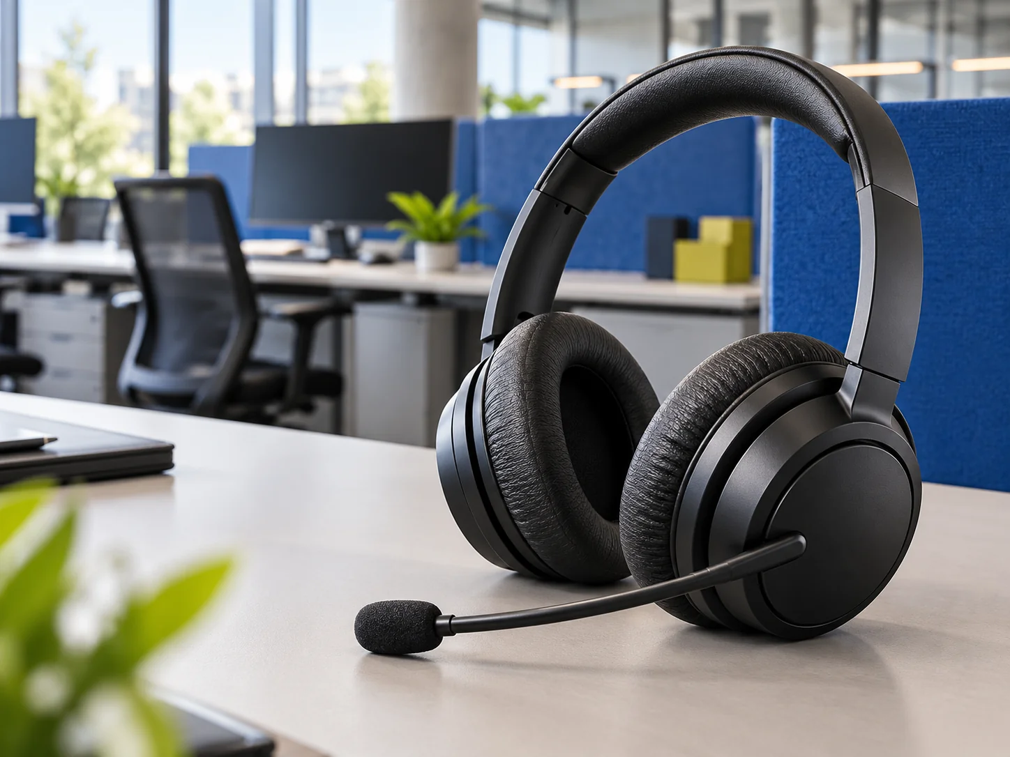 Unmarkiertes professionelles Headset an einem fiktiven Callcenter-Arbeitsplatz – KI-generiertes Symbolbild